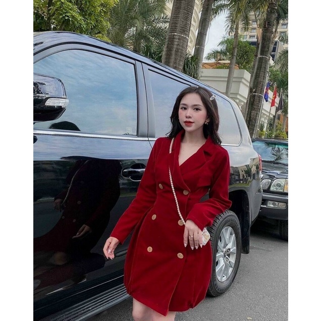 (Hình mẫu và sàn thật 100%) 🌼 ĐẦM NHUNG ĐỎ CỔ VEST PHỐI NÚT🌼