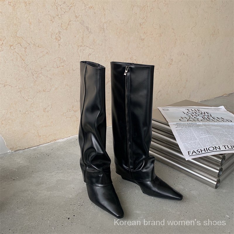 Giày bốt mũi nhọn đế bằng phối dây khóa kéo thời trang mùa thu 2022 dành cho bạn nữ