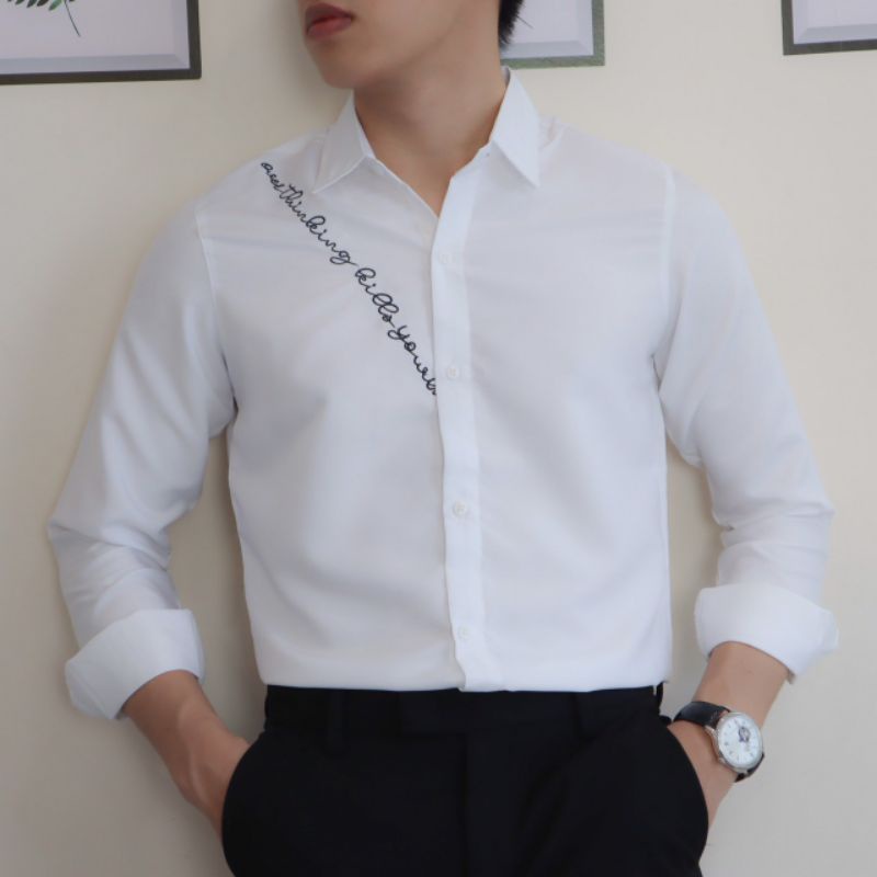 Áo Sơ Mi Nam Trắng Tay Dài In Hoạ Tiết Đơn Giản