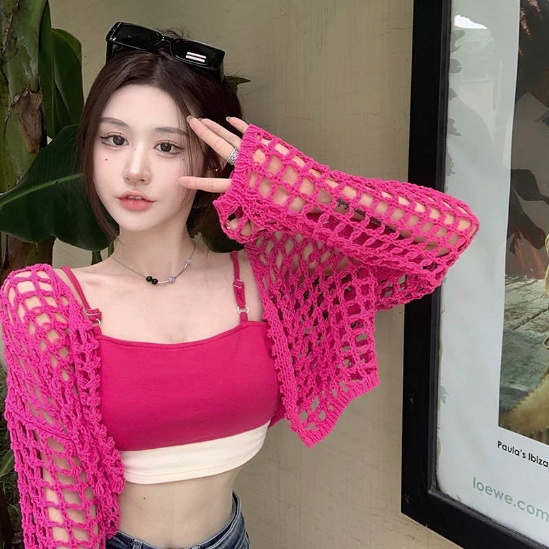 Áo Dệt Kim Tay Dài Chống Nắng Phong Cách Hàn Quốc + Áo Lưới cardigan Dáng Rộng Hợp Thời Trang