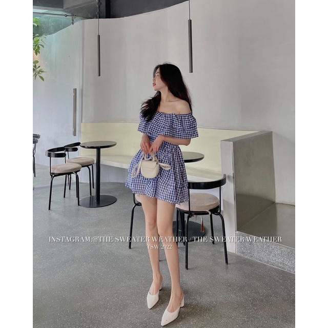 [Ảnh thật/Video]Đầm kẻ trễ vai bồng bềnh thiết kế ôm eo siêu tôn dáng Váy tiểu thư sang chảnh