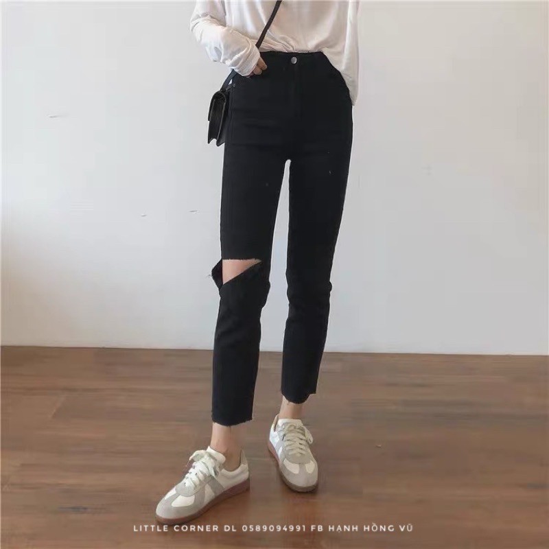 Quần baggy jean đen ống suông xẻ rách gối có Bigsize quảng châu hàng sẵn