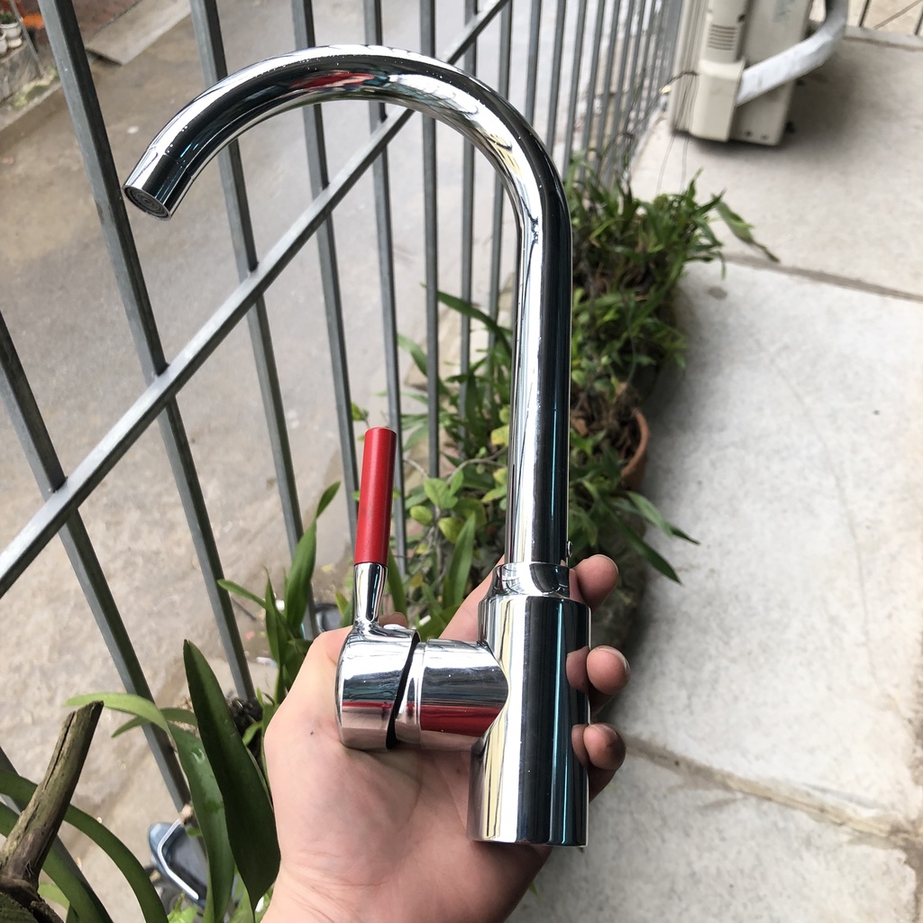 (Kèm dây cấp nước NL) Vòi rửa chén bát nóng lạnh inox bóng cần cứng cắm chậu cổ bi xoay 360 độ cần gạt tròn Đỏ