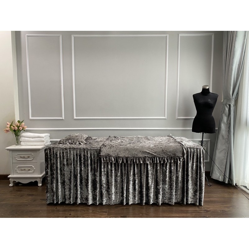 Ga/Drap nhung nhám ly dày 3cm kèm vỏ gối cho spa, giường mi, giường vali
