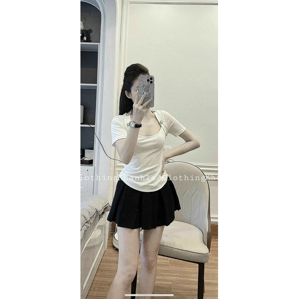 Áo thun kiểu cổ vuông cộc tay, Áo kiểu ngắn tay dáng ôm cổ U vải cotton co giãn AT05 - phamtrangredep shop