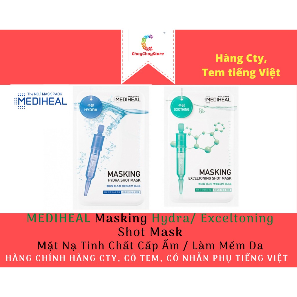 MEDIHEAL Masking Hydra/ Exceltoning Shot Mask - Mặt Nạ Tinh Chất Cấp Ẩm / Làm Mềm Da