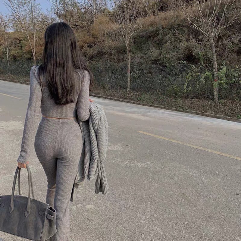 Set áo len croptop dài tay+quần len ống loe+áo cardigan len dài