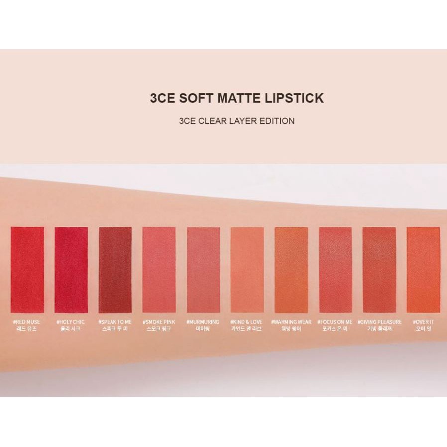 SON THỎI 3CE SOFT MATTE LIPSTICK CLEAR LAYER EDITION VỎ TRONG