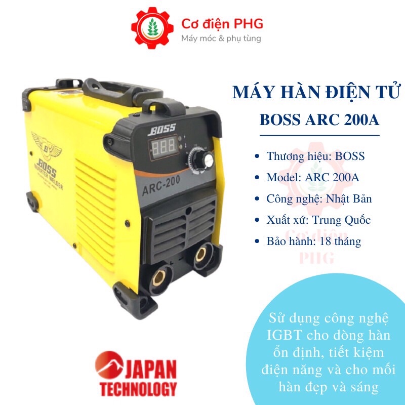 Máy hàn điện tử BOSS ARC 200A | Công suất 200A | Sử dụng que hàn 2,6 - 3,2 ly | Công nghệ Nhật Bản | Máy hàn que