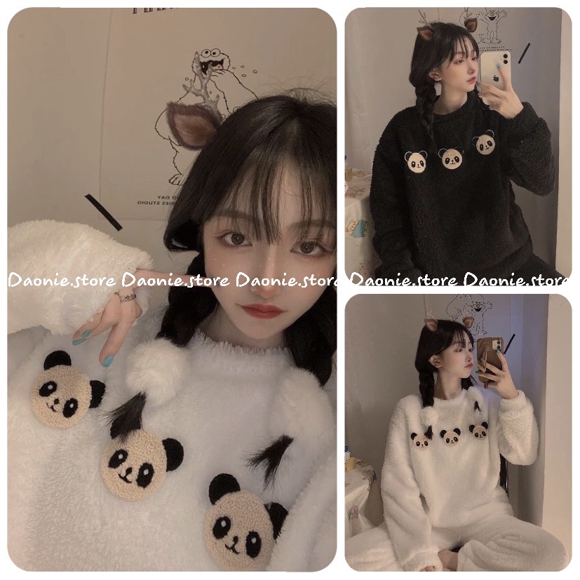 Set mặc nhà nữ nỉ bông icon 3 gấu trúc dễ thương ♥ Đồ ngủ mùa đông form rộng lông trắng đen Hàn Quốc