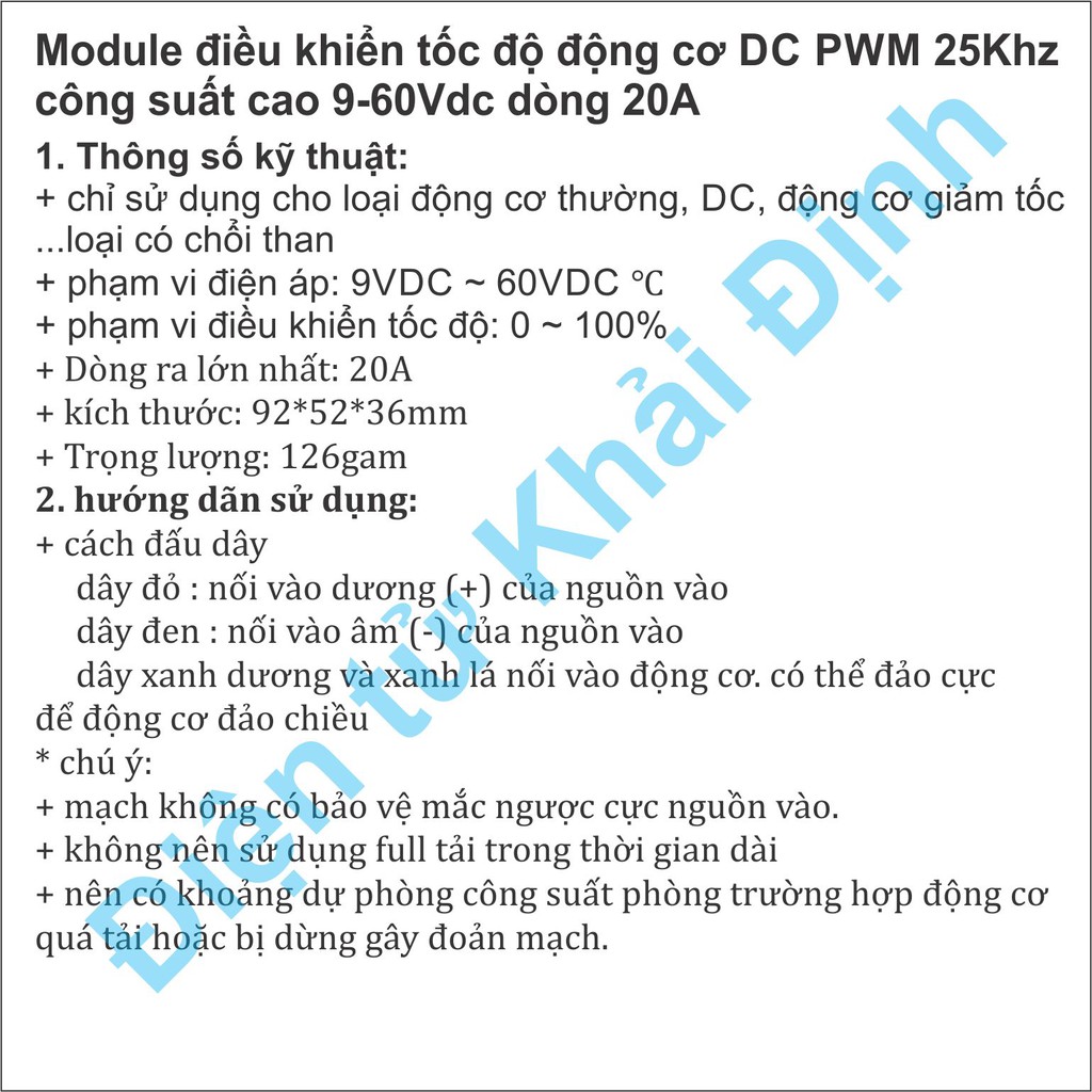 Module điều khiển tốc độ động cơ PWM 25Khz công suất cao 9-60Vdc dòng 20A kde6650