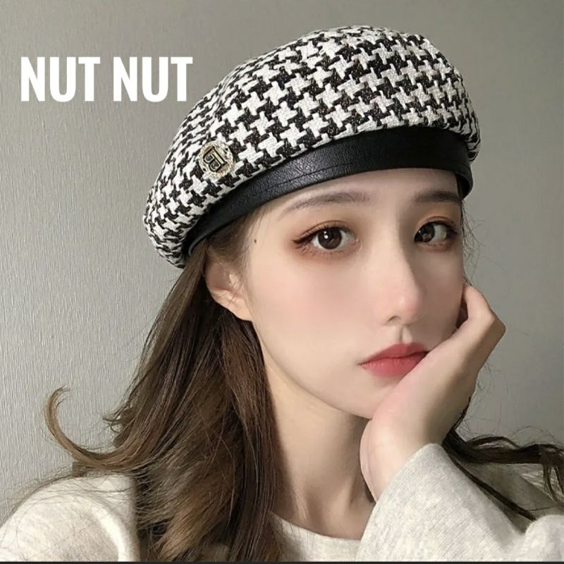 Nón Beret nữ dạ - mũ nồi caro thu đông thời trang Hàn Quốc có dây rút cho nữ M01