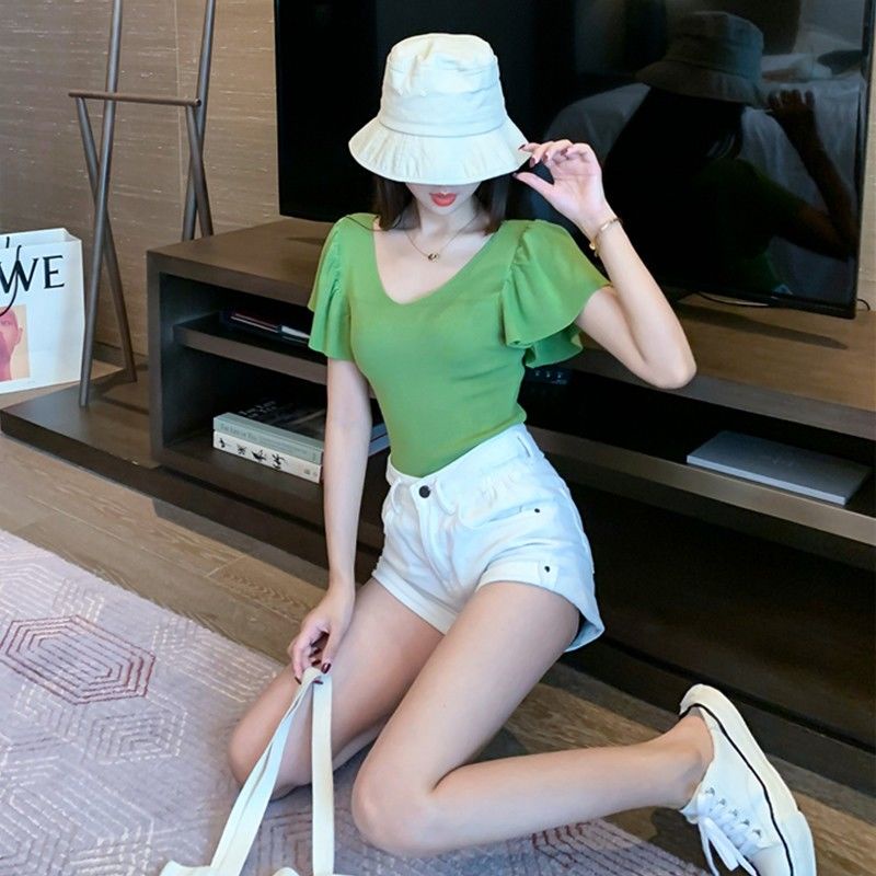 Jiashucheng Áo Thun Dệt Kim Tay Ngắn Phồng Cổ Chữ V Màu Trơn Phong Cách Phương Tây