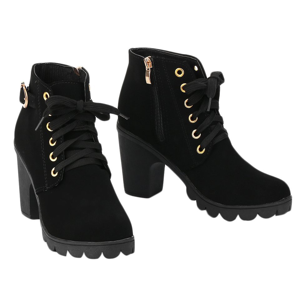 Fashion Women High Heel Lace Up Side Zipper Buckle Ankle Boots Suede Shoes