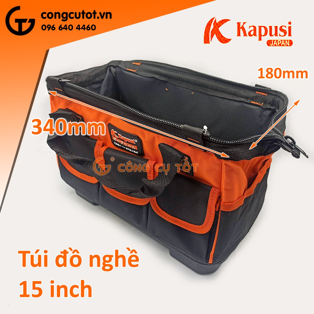 Túi đồ nghề Kapusi 15 inch kèm 8 túi phụ bằng vải dù đáy nhựa cứng Nhật Bản