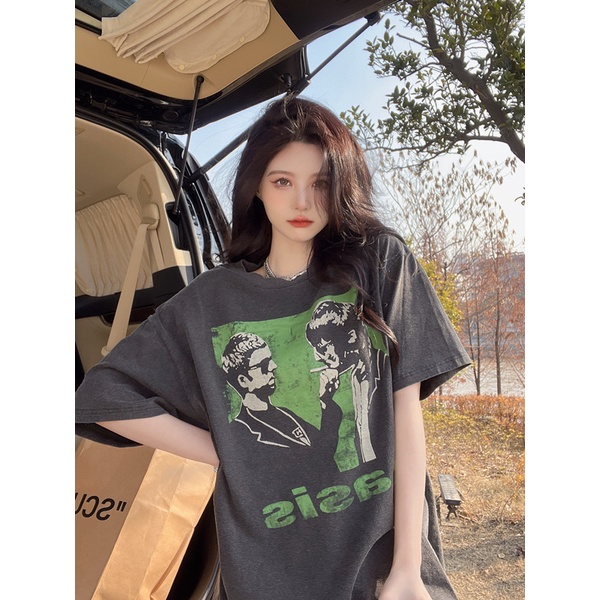 Áo Thun Ngắn Tay Cổ Tròn Dáng Rộng Thời Trang Retro Mỹ Cá Tính Cho Nữ