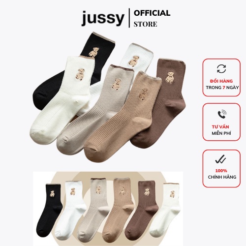 Tất Cổ Cao Màu Trắng Và Nâu Hình Gấu Cute Chất Liệu Cotton Thoáng Mát Free Size Phụ Kiện Hot Trend (1 ĐÔI)