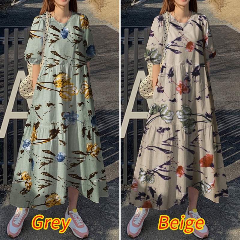 Đầm dáng dài ZANZEA cổ tròn tay lửng thời trang thường ngày cho nữ