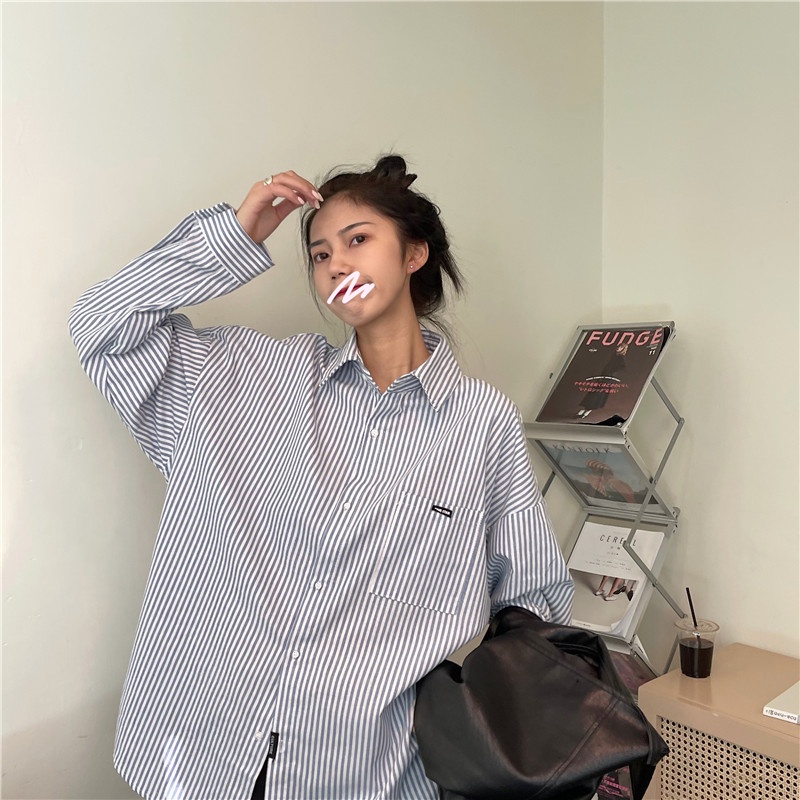 Áo sơ mi SUXI tay dài dáng rộng họa tiết kẻ sọc dễ phối đồ phong cách Hàn Quốc thời trang dành cho nữ