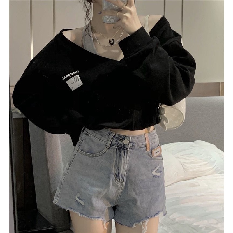 Áo Thun Tay Dài Hở Vai In Chữ Thời Trang Mùa Thu Hàn Quốc 2022 Mới