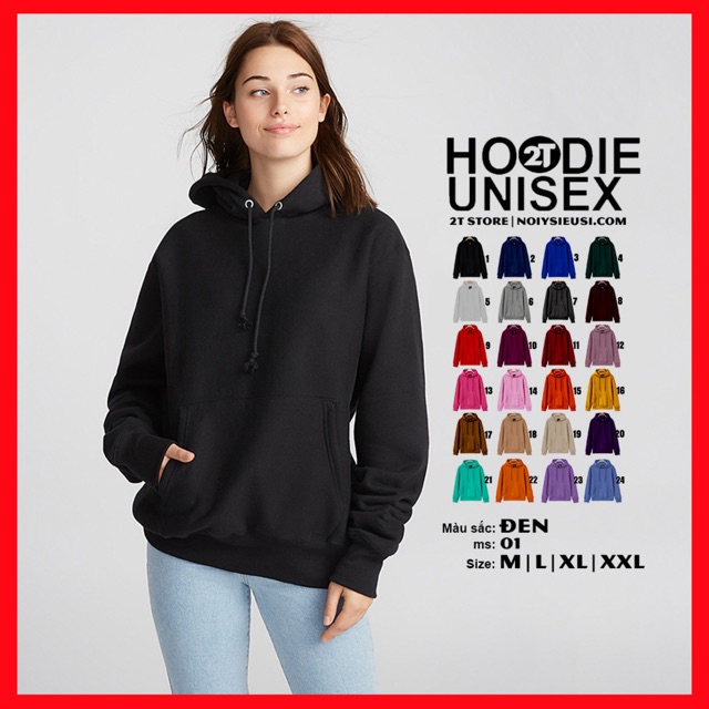 Áo hoodie unisex 2T Store H01 màu đen - Áo khoác nỉ chui đầu nón 2 lớp dày dặn đẹp chất lượng thumbnail