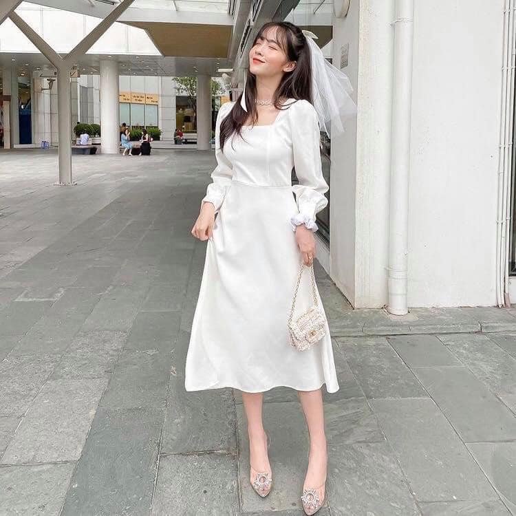 Đầm trắng cổ vuông, tay dài phối ren hạt - Váy trắng cổ vuông, tay dài phối ren hạt, đầm dự tiệc (hình thật/ sẵn)