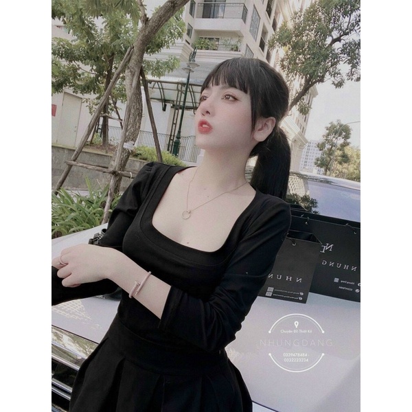 Áo thun dáng ôm cổ U dài tay, Áo kiểu cổ vuông ôm body co giãn CS1169 - NhiNhi Shop