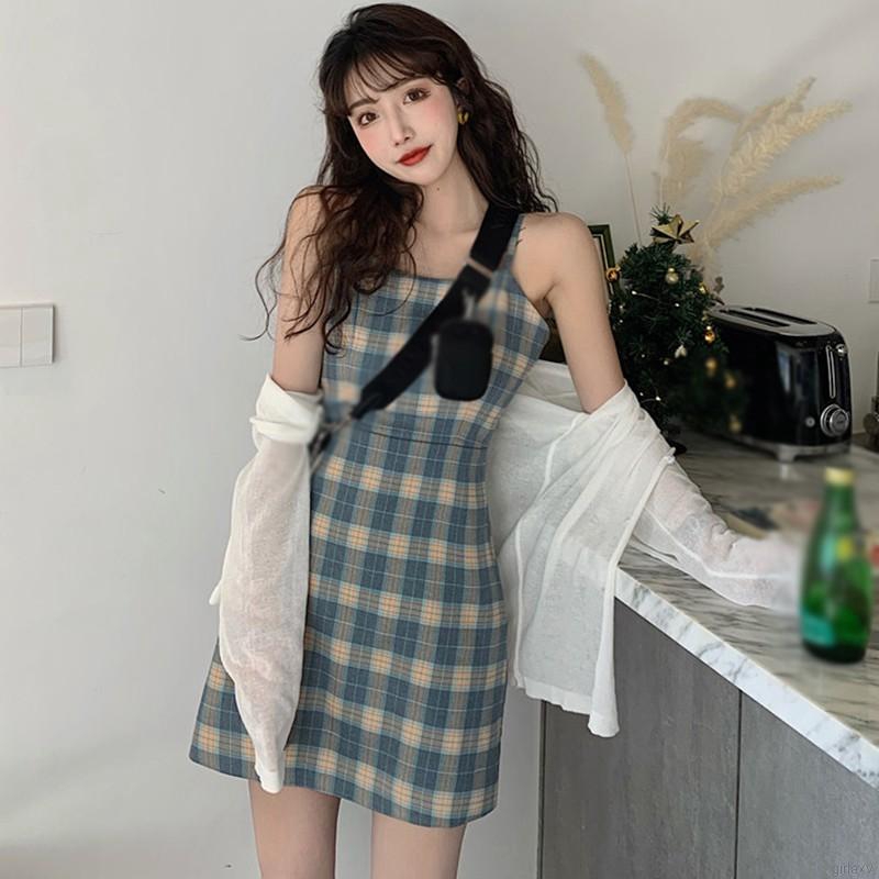 Đầm Hai Dây Họa Tiết Sọc Caro Phong Cách Retro Hàn Quốc