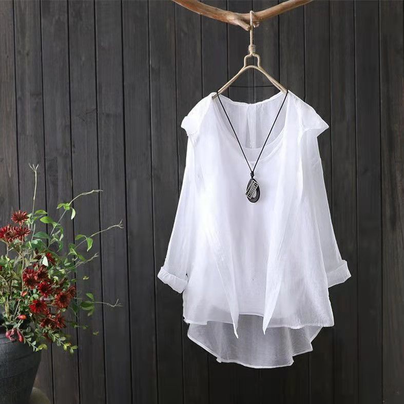 Áo Sơ Mi Trắng Dáng Rộng Tay Dài Có Mũ Trùm Đầu Chống Nắng Mùa Hè Hàng Mới Dành Cho Bạn Nữ 2021