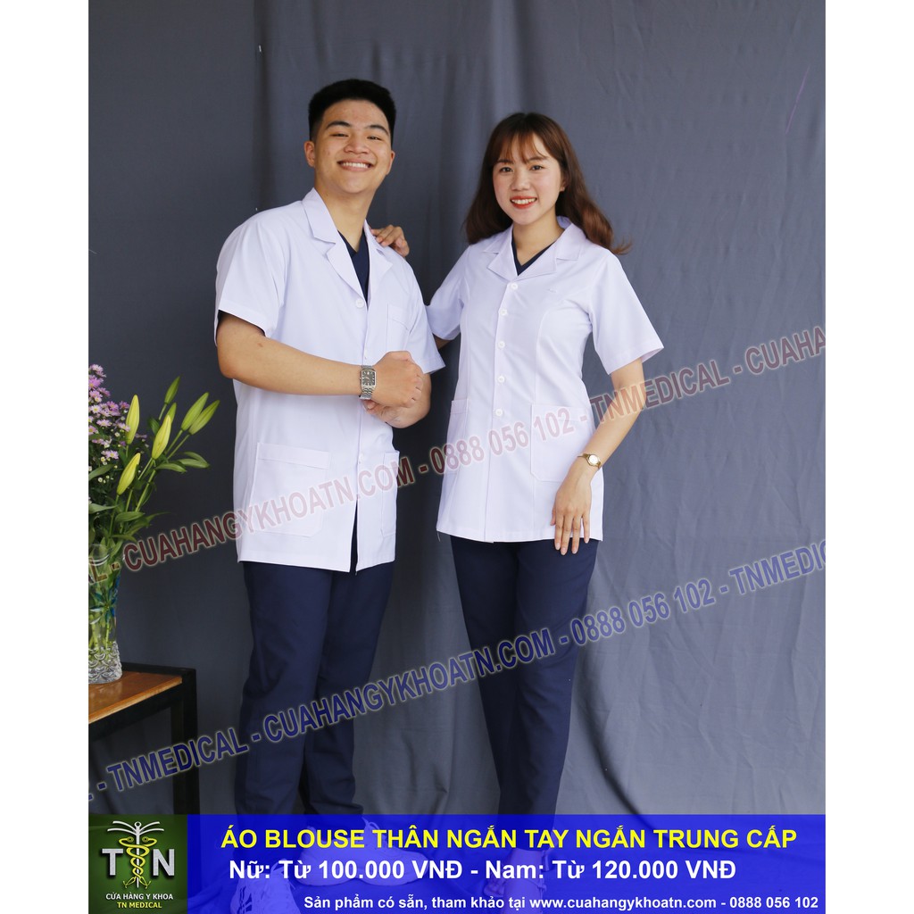 Áo Blouse (Blue) Tay Ngắn, Thân Ngắn Dược Sĩ, Điều Dưỡng, Y Tá - Thương hiệu TN Medical