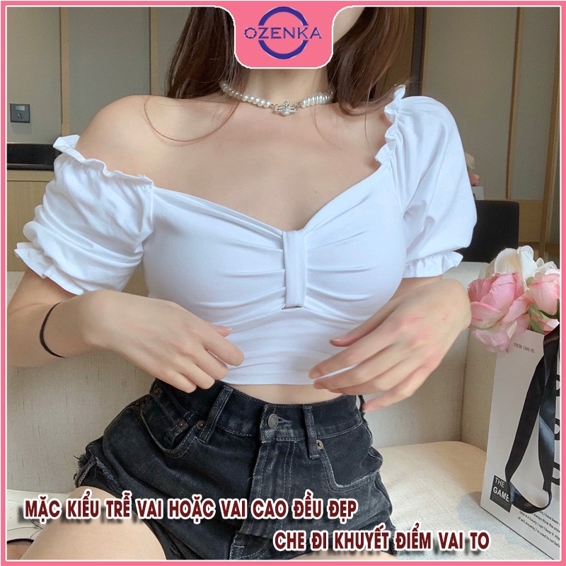 Áo croptop kiểu hàn quốc cổ vuông tay ngắn trễ vai bồng nữ OZENKA , áo croptop ôm body thun gân 100% cotton đen trắng