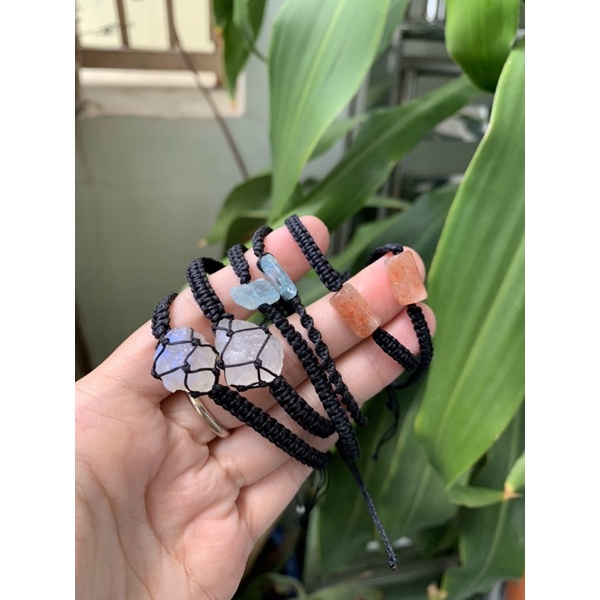 Vòng tay thắt macrame đá Sunstone/  Moonstone/ Aquamarine thô tự nhiên