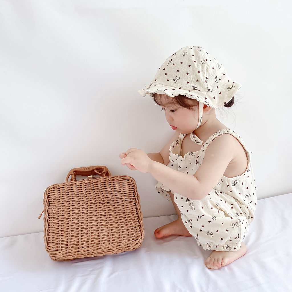 Set Áo Liền Quần Sát Nách Hoạ Tiết Hoa + Nón Xinh Xắn Thời Trang Mùa Hè Cho Bé Gái