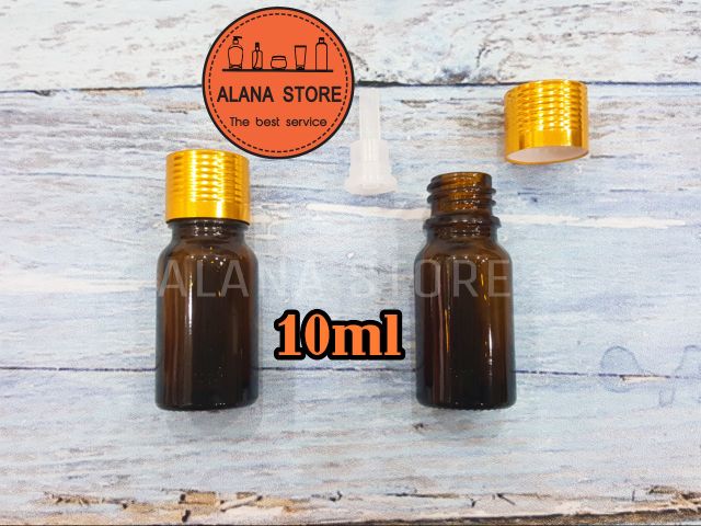 Lọ thủy tinh nâu nắp tinh dầu nhôm vàng 10ml