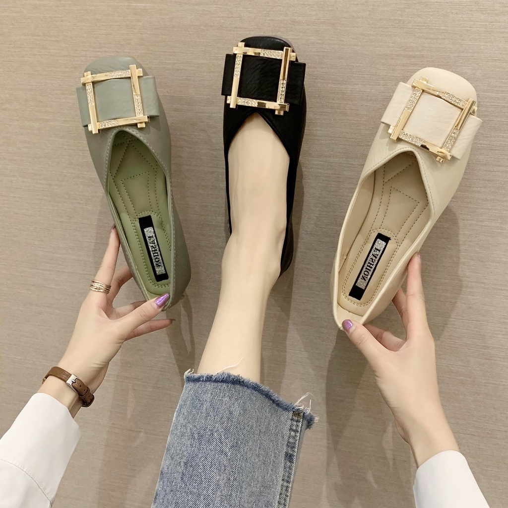 Giày Búp Bê Đế Mềm Mũi Vuông Phối Khóa Kim Loại Thời Trang Dành Cho Nữ