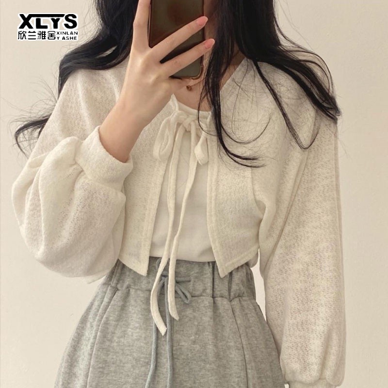 Áo khoác cardigan XINLANYASHE dệt kim tay phồng ngắn thiết kế cổ điển thời trang cho nữ | BigBuy360 - bigbuy360.vn