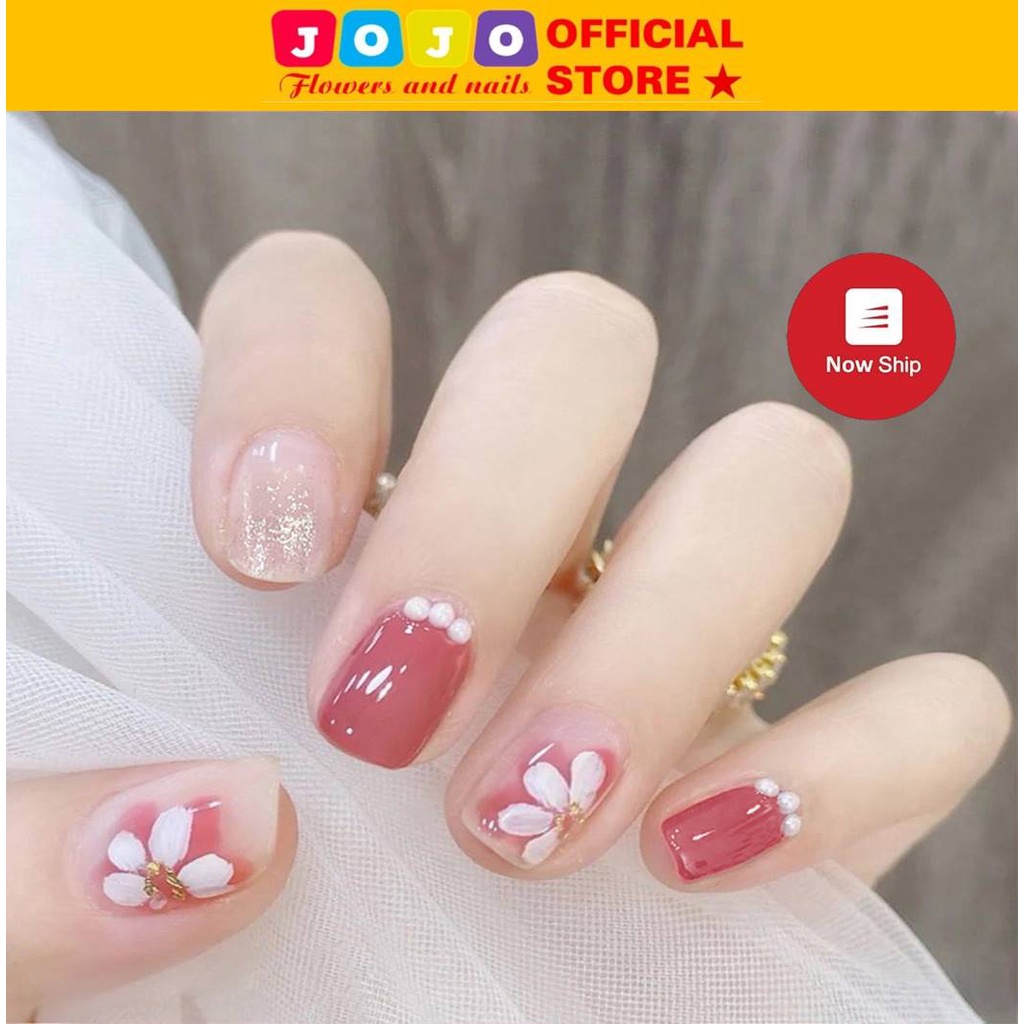 Móng tay giả vuống thiết kế đính ngọc trai Jojo Y34 móng giả nailbox rẻ thời trang sang chảnh có keo gắn tự làm tại nhà