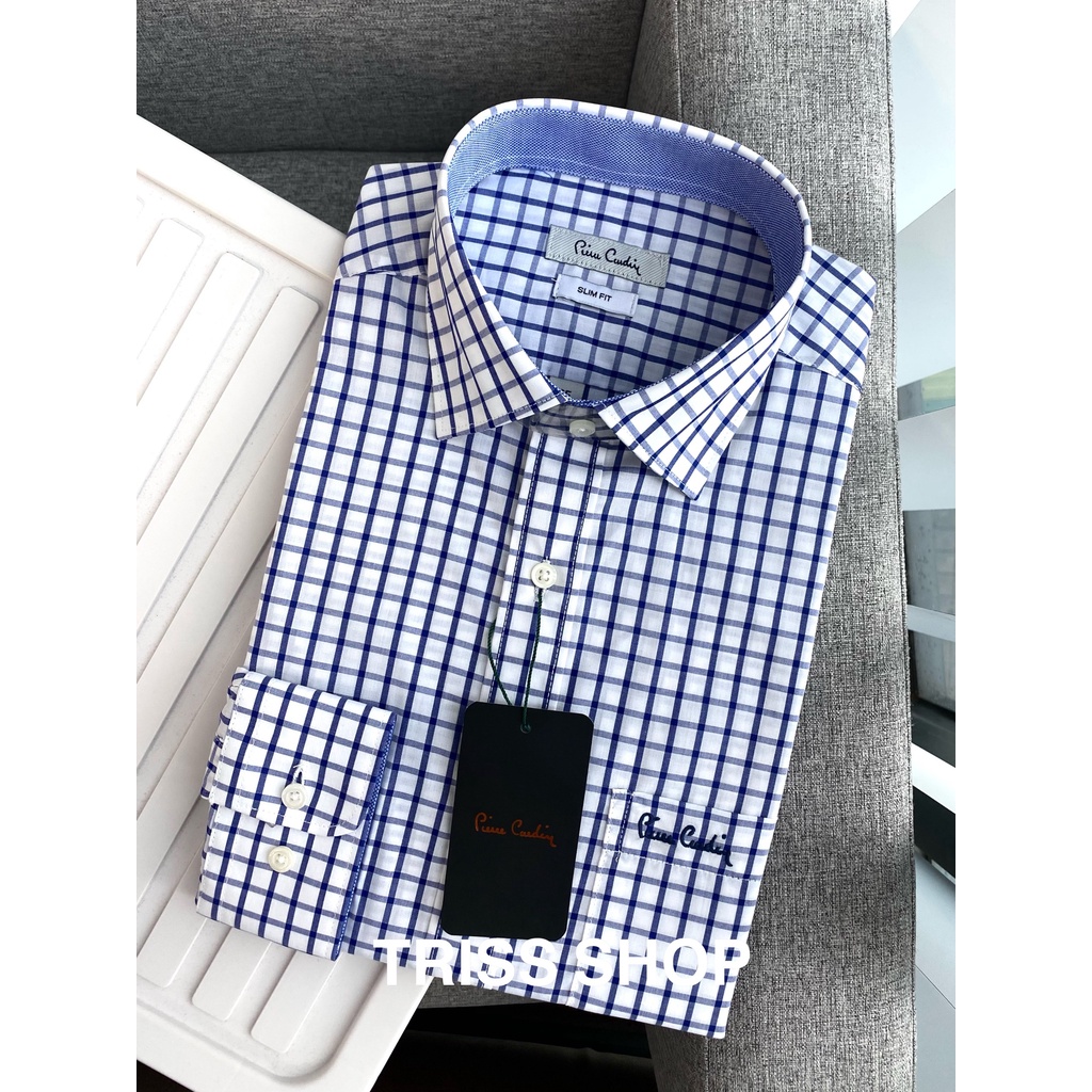 Áo sơ mi nam dài tay Pierre Cardin 11 xuất Hàn họa tiết caro cao cấp chất cotton thấm hút mồ hôi tốt mềm mại form slim