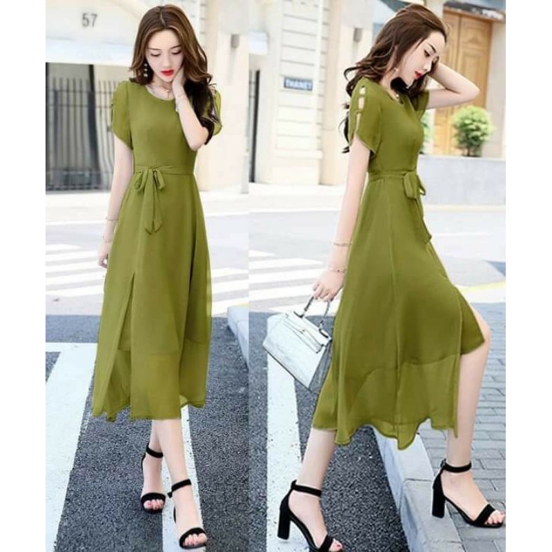 Hàng nhập - Đầm dáng xòe chiffon xẻ tà, váy maxi dạo phố