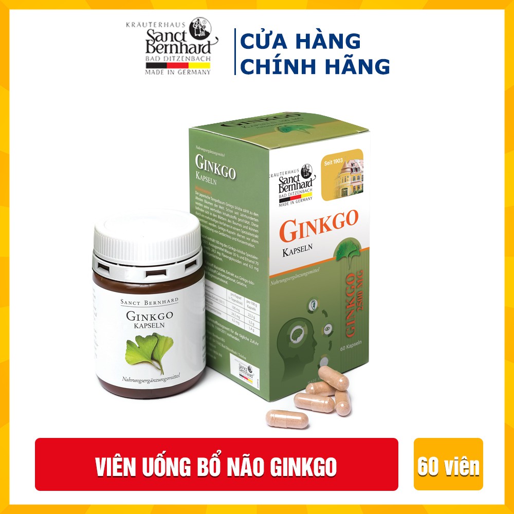 Viên uống Bổ não, tăng tuần hoàn não Ginkgo Kapseln 50mg (Hộp 60 Viên) -[Chính hãng Sanct Bernhard Đức ]