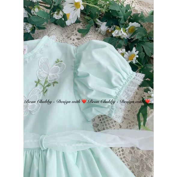 Đầm thô Hàn Quốc baby doll xanh mint pastel phối ren 1-10y