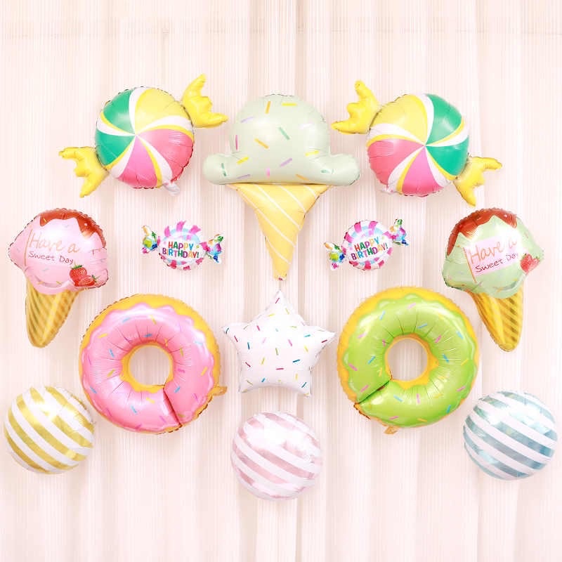 Bóng hình bánh Donut, trái cây, que kem, kẹo mút trang trí sinh nhật, trang trí tiệc