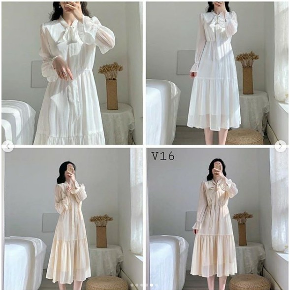 (Có sẵn + Hình thật) Đầm maxi tiểu thư công chúa ulzzang trắng be (Chất siêu đẹp)