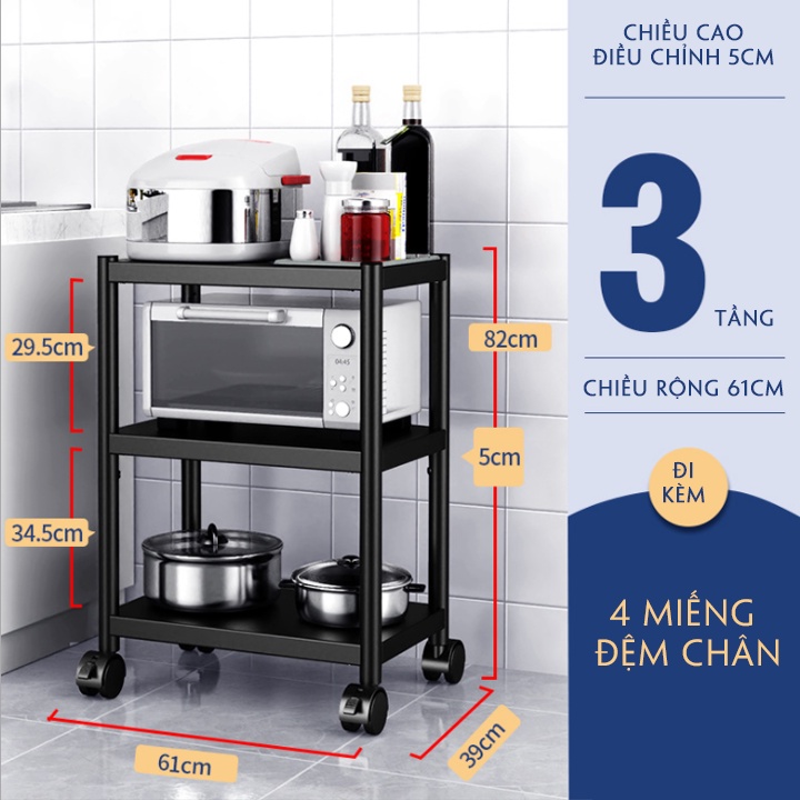 Kệ Để Đồ Nhà Bếp Đa Năng có bánh xe tiện lợi, Kệ đa năng 3 tầng để nồi cơm điện, lò vi sóng