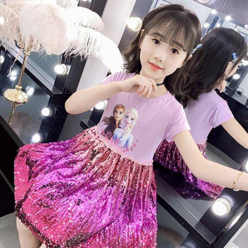 Mùa hè mới Aisha Girl Princess Dress Ice and Snow 奇艾 Cotton ngắn tay Sequins Love Sand Birthday Dress