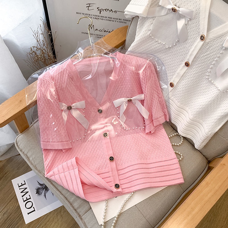 Áo Khoác cardigan Cổ Chữ V Phối Túi Đính Nơ Xinh Xắn Thời Trang