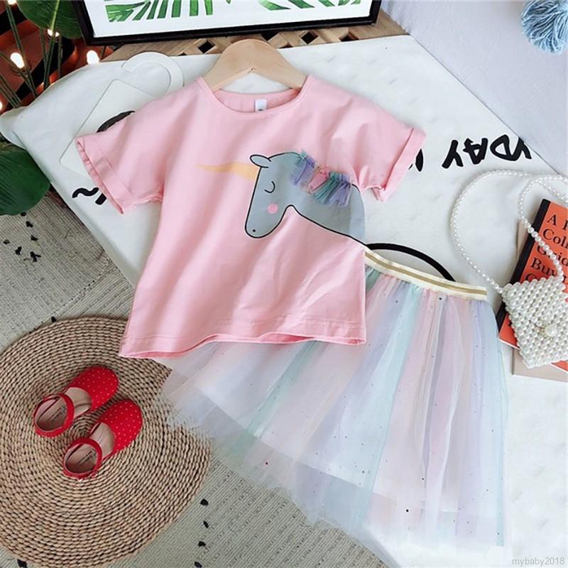 MYBABY Baby Girls Cartoon Print Flashing Shiny Top + Rainbow Gauze Skirt Suit