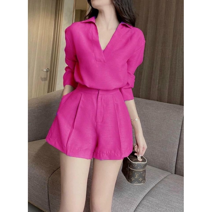Sét bộ thời trang nữ áo sơ mi cổ V tay dài phối quần đùi đa dạng màu sắc (Hồng, Xám, Vàng, Nâu).
