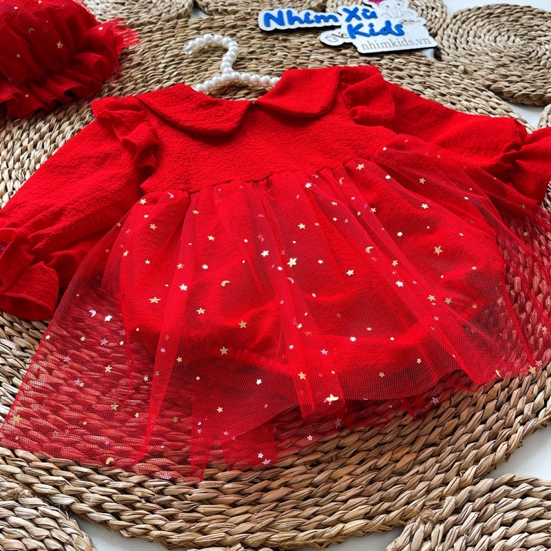 Body Váy Công Chúa Đỏ Nhũ NHÍM XÙ KIDS Cho Bé Gái Sơ Sinh, Đầy Tháng, Thôi Nôi Chất Cotton Xốp B032