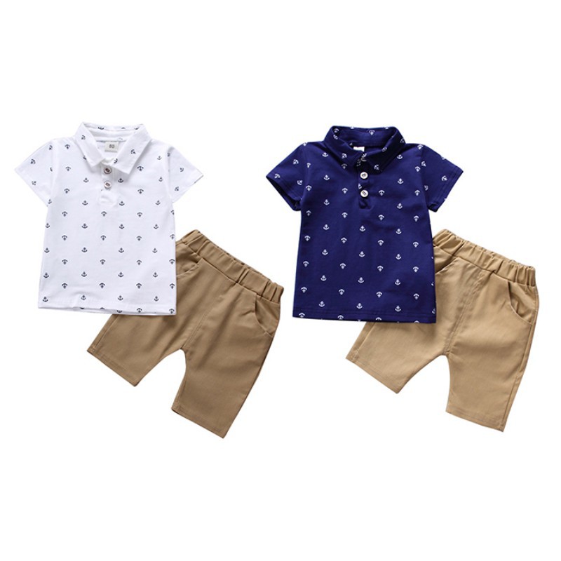 Set áo thun có cổ + quần short khaki lưng thun phong cách hải quân dành cho bé trai